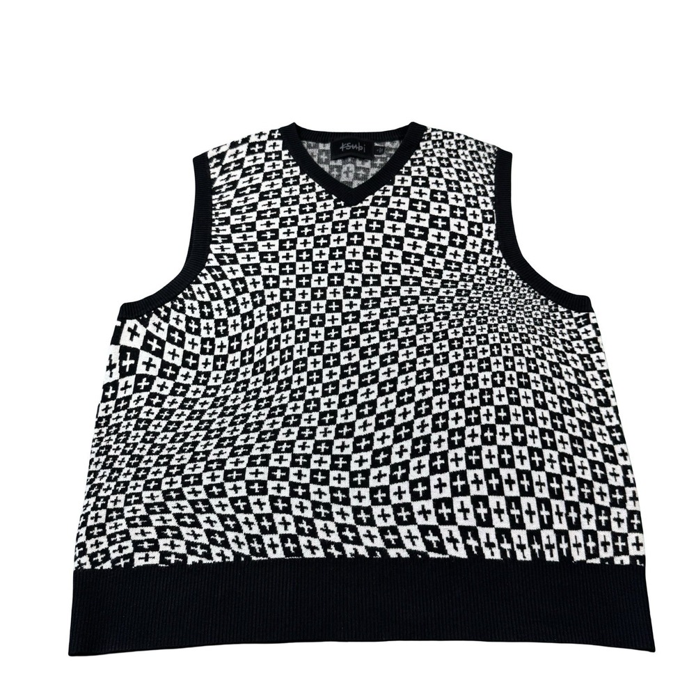 Ksubi Black White Viscose Blend Iconic Logo AOP Sweater Vest Mens Size XL